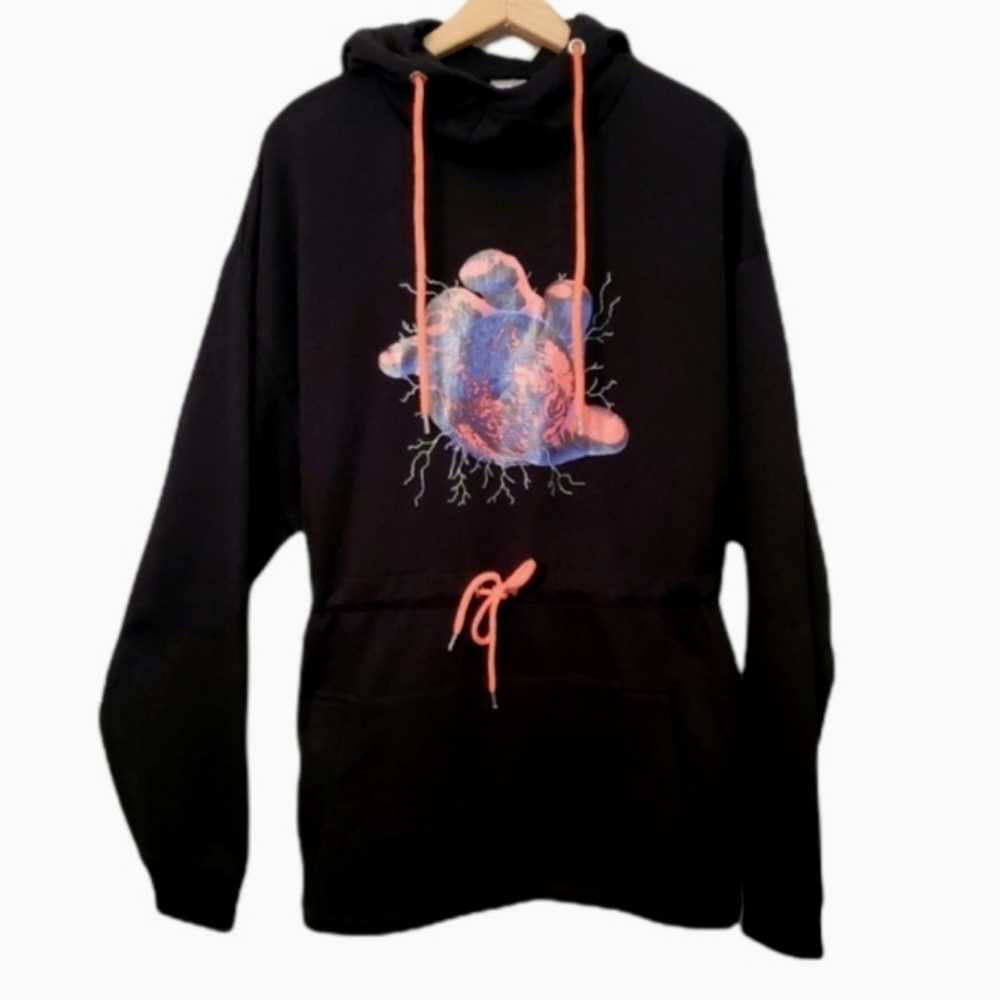 Mens ASOS Design World Print Pullover Hoodie Black Drawcord Sweatshirt Medium - Picture 4 of 15
